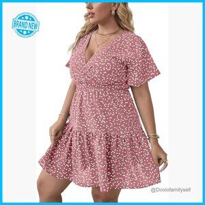 Plus Size Wrap V Neck Ruffle Hem A Line Short Dress Chic Casual Summer